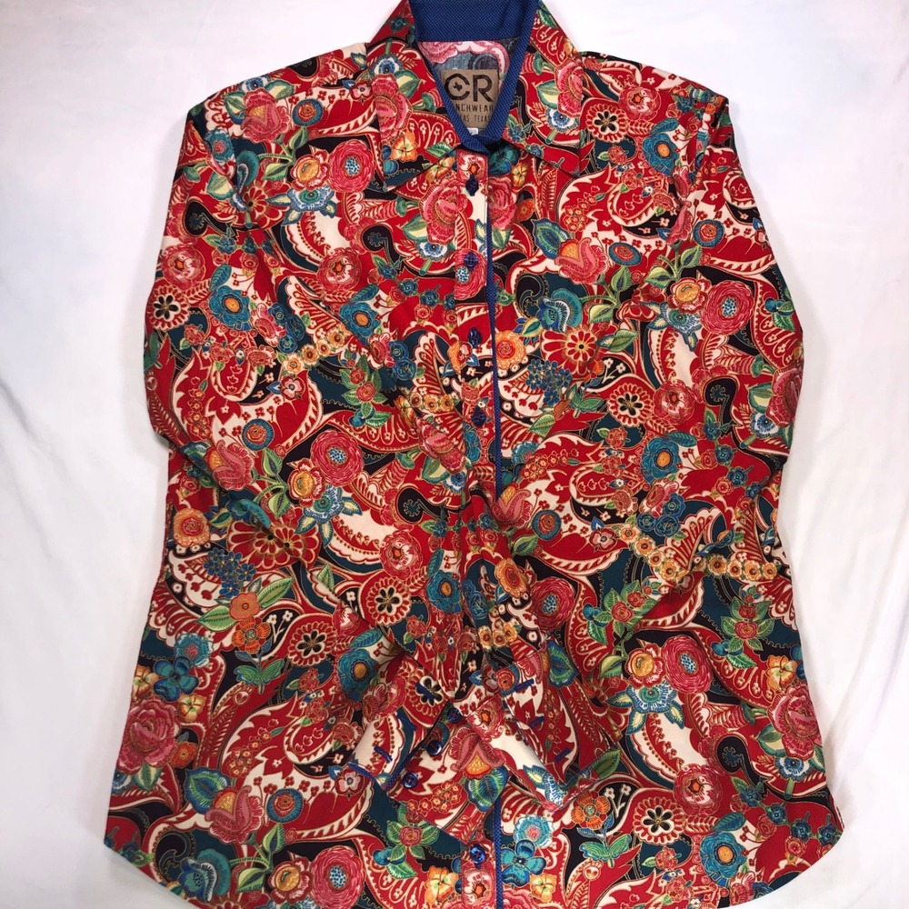 CR Ranchwear Womens Red Paisley Floral Western Button Down Shirt Large USA Made